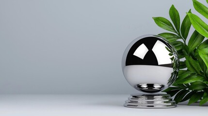 A photostock of a shiny silver sphere on a white background, isolated and reflective.
