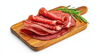 A photostock of a slice of smoked ham on a white background, isolated and appetizing.