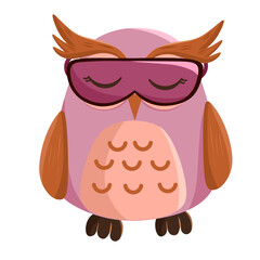 Cartoon illustration of a pink fluffy owl with an eye patch for sleeping