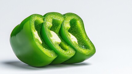 A photostock of a sliced bell pepper on a white background, fresh and detailed.