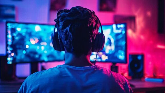 young gamer with headphones, computer setup, live streaming session. 4k footage