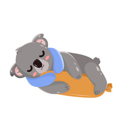 Cartoon illustration of a koala in a pose sleeping on a cozy pillow