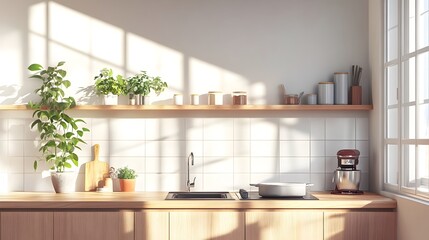 Stylish and Modern Home Kitchen Interior Design with Sink Stove and Cookware