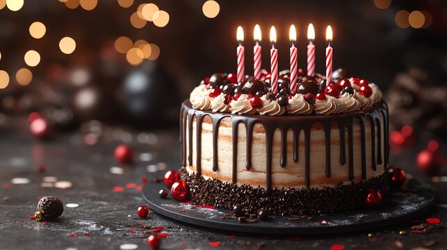 Delicious chocolate birthday cake with candles and festive decorations.