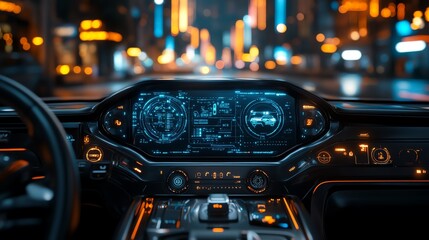 Obraz premium Futuristic car dashboard with digital display and illuminated controls in city night.