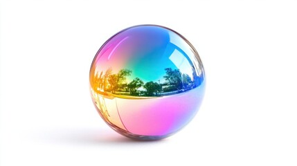 Single glass sphere with rainbow reflections isolated on white, creating a colorful, whimsical effect