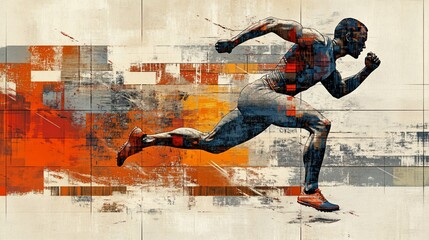 An abstract digital illustration of a runner in motion against a colorful, textured background.