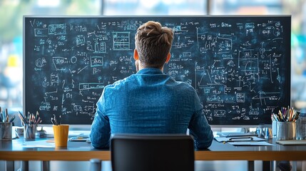 Professional man analyzing complex data on a large screen in modern office.