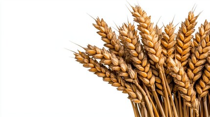 A photostock of a wheat stalk with grains on a white background, isolated and detailed.