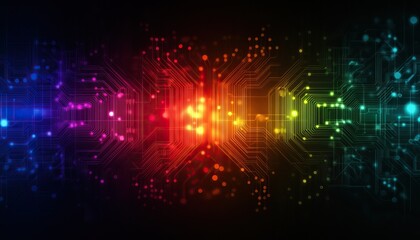 Fototapeta premium A colorful digital abstract design featuring vibrant lights and circuit patterns against a dark background, representing technology and innovation.