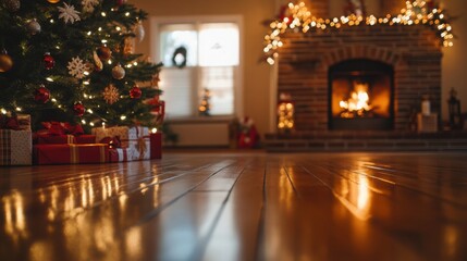 Living room with wooden floors, a glowing Christmas tree, and a brick fireplace.