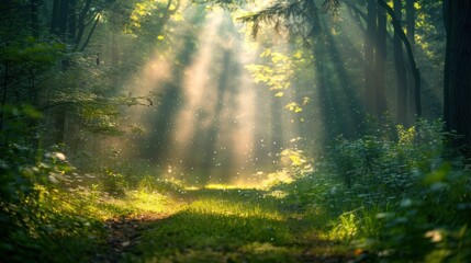Fototapeta premium Sunlight Beams Through Forest