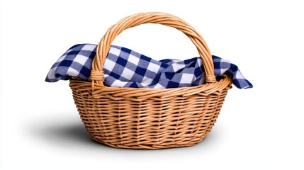 Obraz premium A photostock of a wicker basket with a gingham cloth on a white background, rustic and inviting.