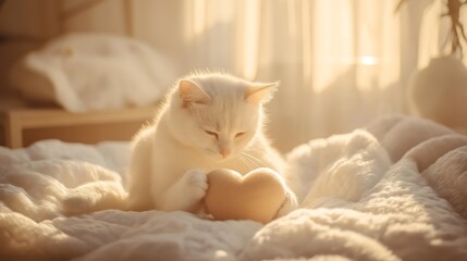A playful white cat curiously interacts with a soft heart-shaped toy in a sunlit bedroom during the early morning hours