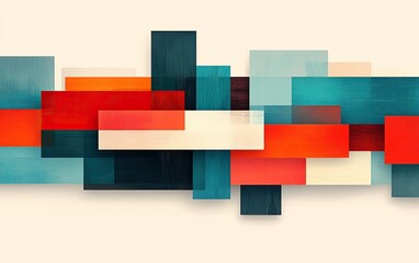 A vibrant abstract art piece featuring colorful rectangular shapes arranged in an overlapping layout against a light background.