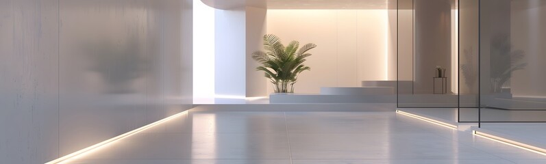 White background 3D room light abstract space technology tunnel stage floor. Empty white future 3D neon background studio futuristic corridor render modern interior silver road black wall design gray.