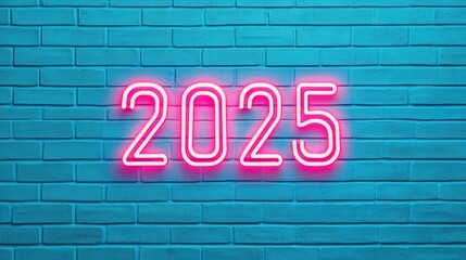 A vibrant neon sign displaying the year "2025" against a textured blue brick wall.