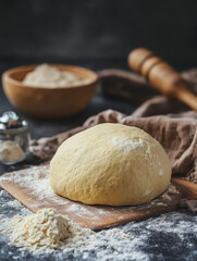 Fototapeta premium A ball of dough on a wooden board, surrounded by flour and a rolling pin, ready for baking.