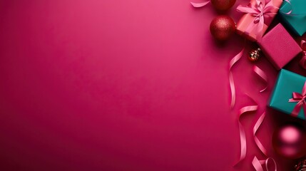 Fototapeta premium A festive arrangement featuring colorful gifts, ornaments, and ribbons set against a vibrant pink background.