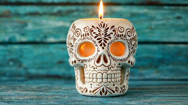 A decorative skull candle illuminated against a rustic wooden backdrop