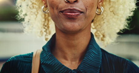 Smile, outdoor and person in city, commuting and businesswoman with expression, job opportunity and reporter. Ambitious, mouth and internship for journalism, creative and travel for work and morning