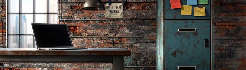 Laptop on Rusty Table in Industrial Loft Setting
