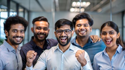Smiling Indian team members in a high-energy work environment, celebrating success.