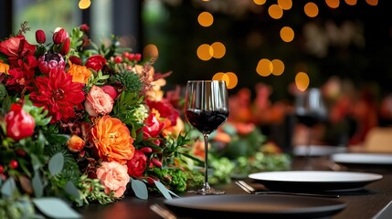 A beautifully arranged table centerpiece featuring vibrant flowers, a glass of red wine, and ambient lighting, creating a cozy and inviting atmosphere.