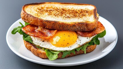 A photostock of a breakfast sandwich on a white plate, close-up and appetizing.