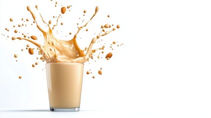 A photostock of almond milk splashing in mid-air on a white background, dynamic and fresh.