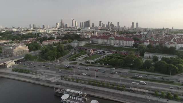 Palace with city skyline behind 4k drone footage Dlog 10 Bit ungraded