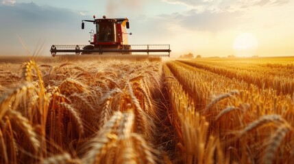 Fototapeta premium A Vibrant Sunset Over Wheat Fields with a Red Combine Harvester Working in Peaceful Harmony