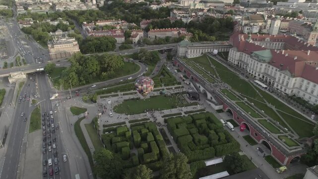 Hot air balloon with castle and river 4k drone footage Dlog 10 Bit ungraded