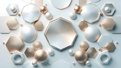 Abstract Geometric Background: Gold and Silver Shapes, 3D Rendered