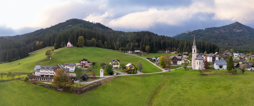 Panoramic aerial view of Church in scenic Gosau village in Austria.
