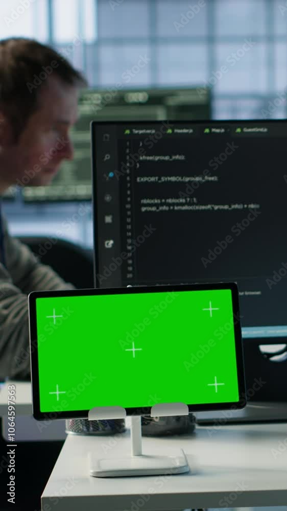 Aufkleber isolated screen tablet in front of it support workers coding on computers, upgrading equipment. engi