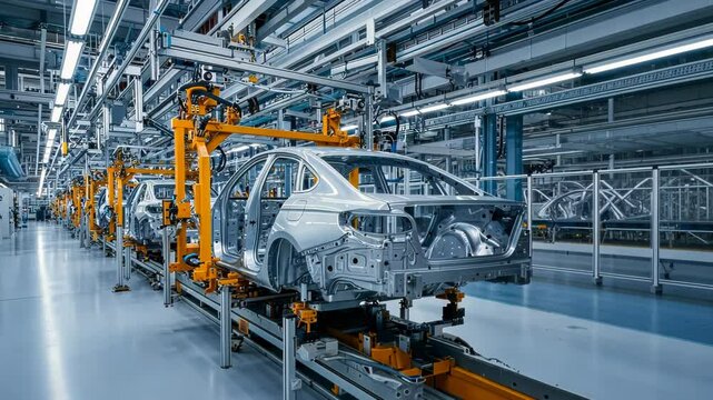 Modern automotive factory assembly line featuring robotic arms and conveyor systems. Sleek metal car chassis moves through production line under cool blue industrial lighting. 
