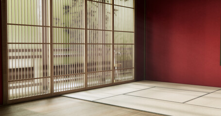 The interior color Red room inteior with tatami mat floor.3D rendering