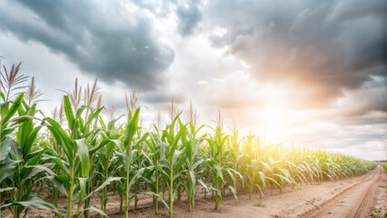 Obraz premium Cornfield Under Stormy Sky at Sunset with Dramatic Light