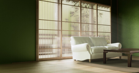 Sofa and low table in living room Japanese style. 3D rendering
