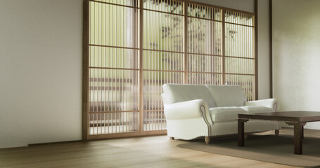 Sofa and low table in living room Japanese style. 3D rendering