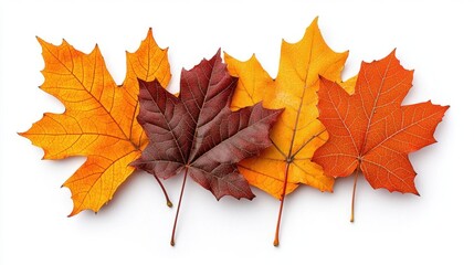 Fototapeta premium A photostock of autumn leaves falling on a white background, seasonal and vibrant.