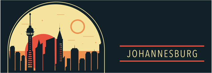 Obraz premium Johannesburg city retro style vector banner with skyline, cityscape. South Africa vintage horizontal illustration. Travel long layout for web, presentation, header, footer, infographics