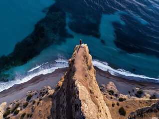 Top view of a hiker standing on a rocky cliff overlooking a valley