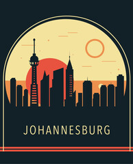 Obraz premium Johannesburg city retro style poster with skyline, cityscape. South Africa vintage vector illustration. Travel front cover, brochure, flyer, leaflet template, layout image
