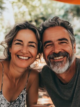 Smiling faces of middle-aged friends enjoying a picnic, with soft sunlight illuminating their joyful expressions, isolated for text