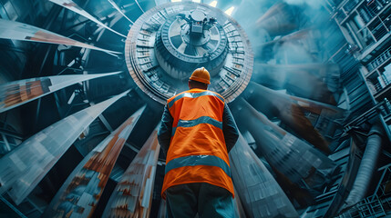 Obraz premium Drone inspection. Operator inspecting construction building turbine power plant