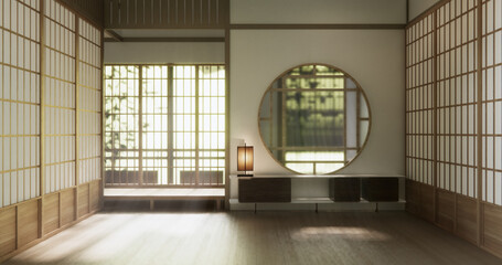 Naklejka premium Clean modern japanese traditional style wooden design minimalist room interior, 3D rendering