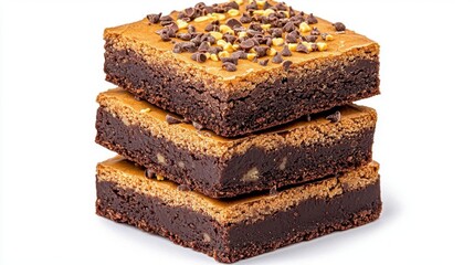 A photostock of chocolate brownies stacked on a white background, rich and fudgy.