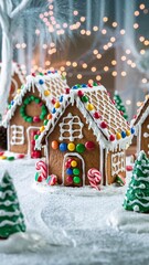 Fototapeta premium A charming gingerbread village with colorful candy decorations and a snowy backdrop.